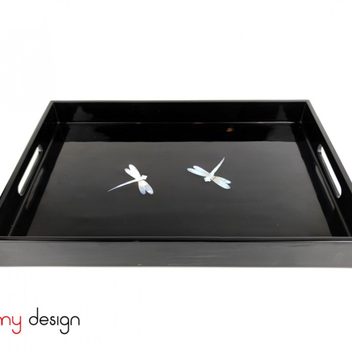 Black rectangle lacquer tray attached with pearl dragonfly 25*37 cm